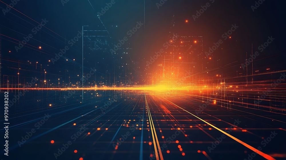 Poster dynamic abstract background with glowing lines and particles, representing technology and digital in