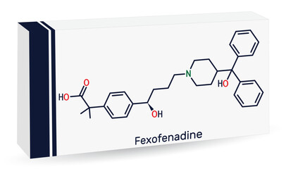 Obraz premium Fexofenadine molecule. It is symptomatic drug of seasonal allergic rhinitis. Skeletal chemical formula. Paper packaging for drugs. Vector illustration