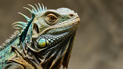 Fototapeta premium Iguana closeup of scaly skin and pointed crest with plain background