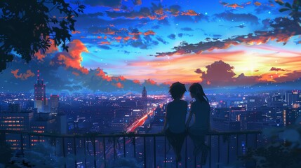Fototapeta premium Anime couple enjoying the evening on the rooftop Digital art Illustration Anime Art Graphics Background Anime characters Anime wallpaper Cartoon Couple Fantasy