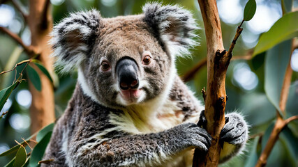 Fototapeta premium Koala closeup resting on a eucalyptus tree branch in the forest