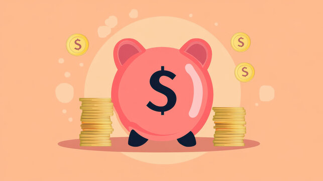 A piggy bank symbolizes financial discipline and strict savings, surrounded by stacks of coins, representing importance of saving money effectively