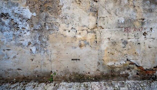 Weathered stone wall adorned with graffiti, creating a textured and historic setting