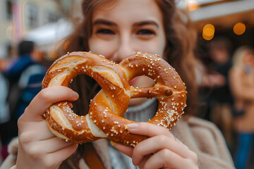 Woman holding a salted pretzel at a lively outdoor festival