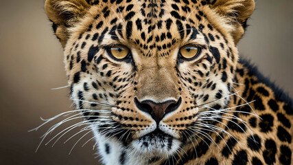 Fototapeta premium Leopard closeup of spotted fur and intense gaze with plain background