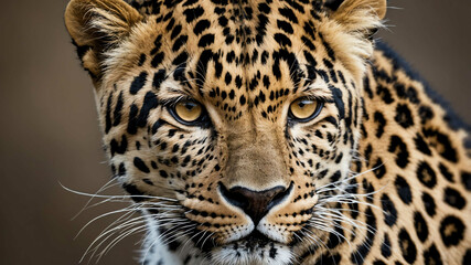 Fototapeta premium Leopard closeup of spotted fur and intense gaze with plain background