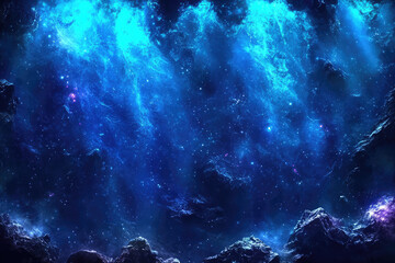 A captivating view of a deep space nebula with vibrant blue hues, dotted with shiny cosmic stars and floating celestial bodies, evoking infinity and mystery.