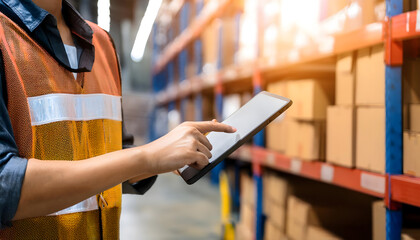 The man holding tablet to checking by using warehouse software to checking the stock of products in the warehouse, spot focus hand hold tablet.