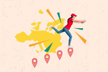 Trend artwork sketch image photo collage of courier delivery services express retail young lady...