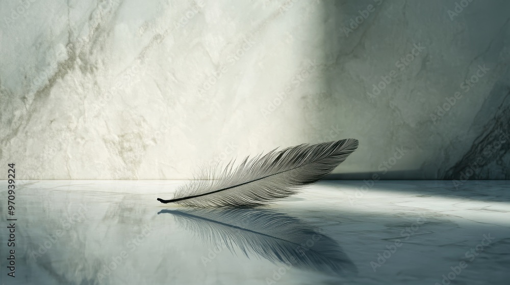 Poster a delicate feather rests on a reflective surface, capturing light and shadow.