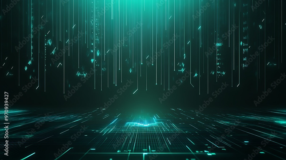 Poster futuristic abstract data visualization with digital beams in a dark space, ideal for technology and 