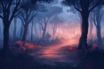 Fototapeta premium Forest trail with fog and silhouettes, mysterious Halloween,