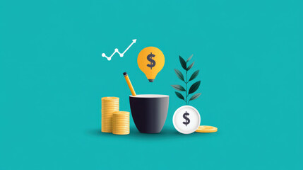Effective money management techniques are illustrated with coins, light bulb, and plant, symbolizing growth and financial insight