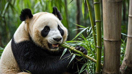 Fototapeta premium Panda closeup chewing bamboo in a peaceful bamboo forest