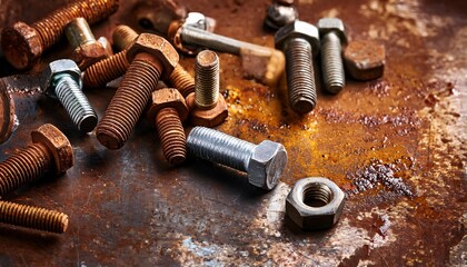 Many old rusty bolts and nuts are lying on a rusty metal surface
