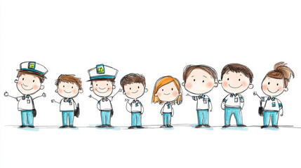 Obraz premium Cute illustration of a group of children in uniforms, standing together and smiling, representing teamwork and community.