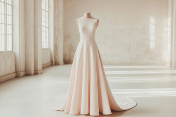 Fototapeta premium A graceful and elegant sleeveless dress with a long flowing train, set in a softly lit, minimalist room with large windows, exuding sophistication and timeless beauty.