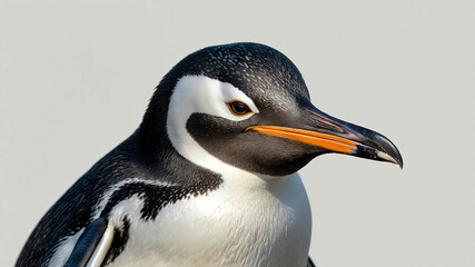 Naklejka premium Penguin closeup of smooth beak and sleek feathers with plain background