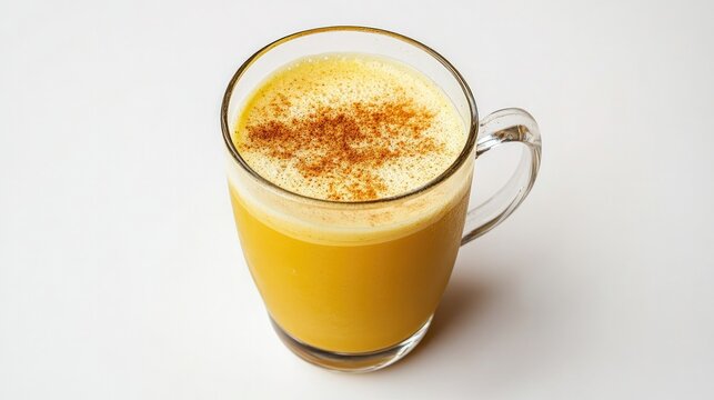 A glass of golden turmeric latte with a sprinkle of cinnamon on top, isolated on a white background