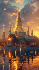 Obraz premium Mesmerizing and Temple Complex Illuminated at Twilight with Stunning Celestial Reflections Mirrored in the Tranquil Waters Below