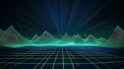Futuristic digital landscape featuring grid lines and abstract mountain peaks in vibrant green and blue tones.
