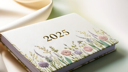 2025 planner with floral botanical cover design on soft fabric background