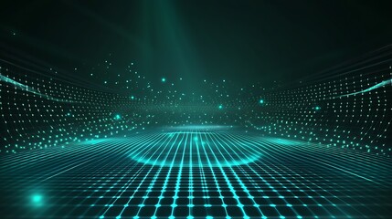 Futuristic digital landscape showcasing glowing grids and dots, perfect for technology or virtual reality projects.