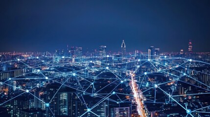 Obraz premium Cityscape with Interconnected Network of Blue Lights