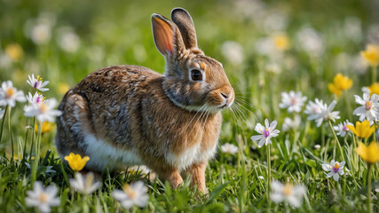Fototapeta premium Rabbit closeup hopping through a spring meadow with blooming flowers