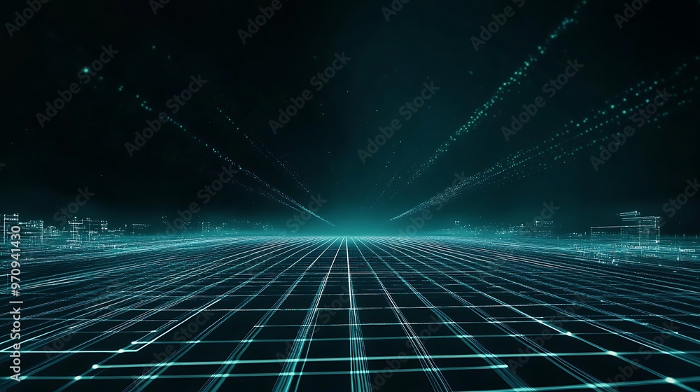 Aufkleber futuristic digital landscape with glowing grid lines and data streams, representing technology and i