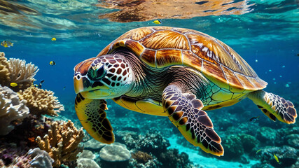 Fototapeta premium Sea turtle closeup swimming among coral reefs with colorful fish around