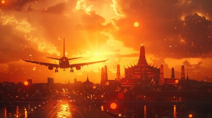 Naklejka premium Dramatic and fiery sunset creating a vibrant glow over the silhouetted skyline of an iconic ancient city with a passenger airplane flying in the foreground against the colorful sky