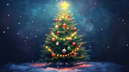 Fototapeta premium Festive Christmas Tree with Sparkling Lights and Colorful Decorations