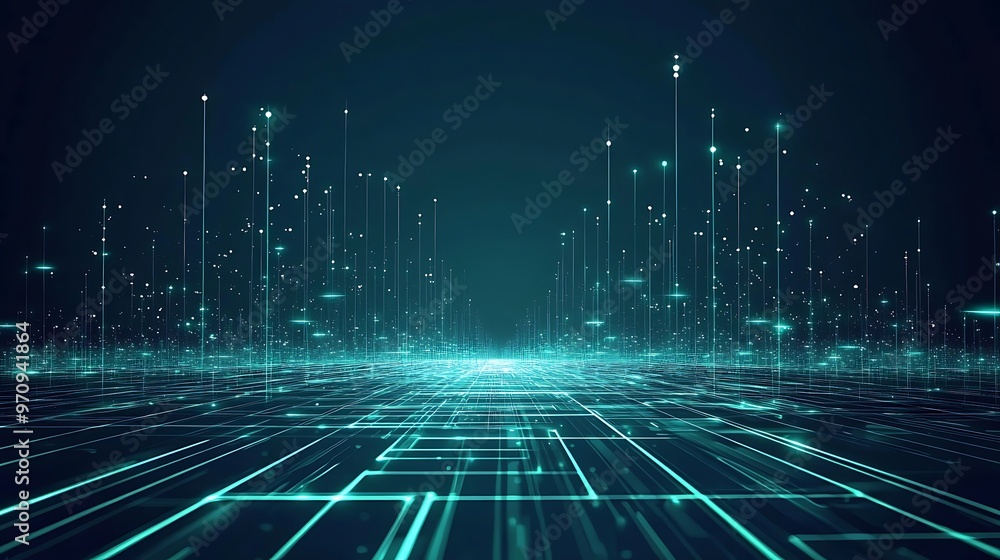 Aufkleber futuristic digital landscape with glowing lines and dots representing data flow and technology innov