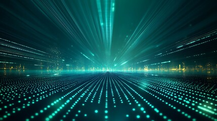Futuristic digital landscape with glowing lines and dots, creating a sense of depth and motion in a vibrant teal blue hue.