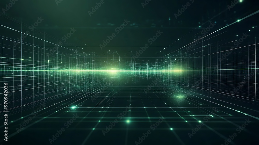 Poster futuristic digital landscape with glowing lines and grid patterns, representing technology and virtu