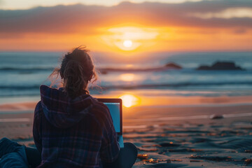 Fototapeta premium Happy freelancer nomad person browsing laptop anywhere remote job work business, Generative AI
