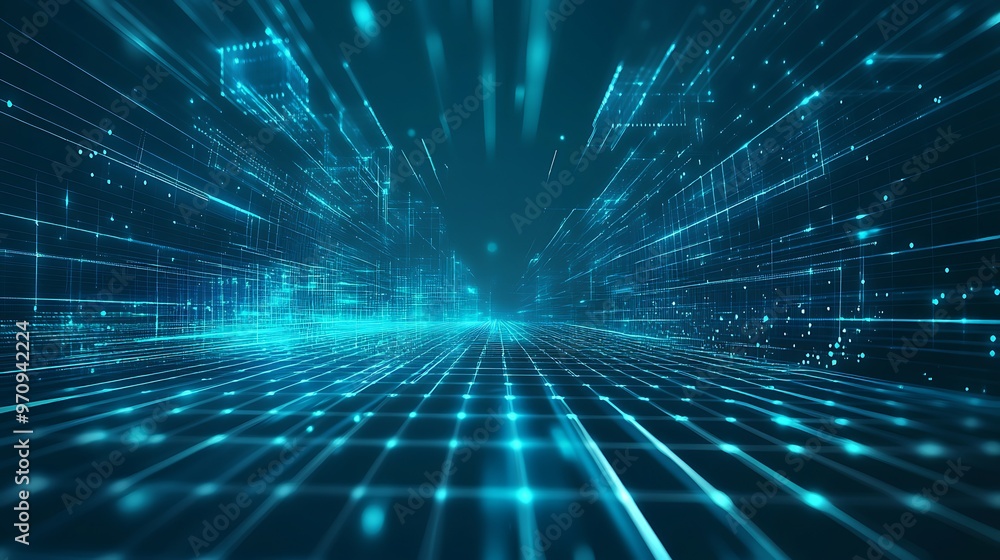 Poster futuristic digital landscape with glowing lines and grids, representing advanced technology and data