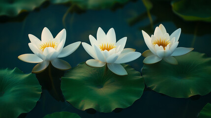 three beautiful blooming lotus flowers, two green lotus leaves, natural light, aerial and live shots, 16k high-definition image quality,macroshot