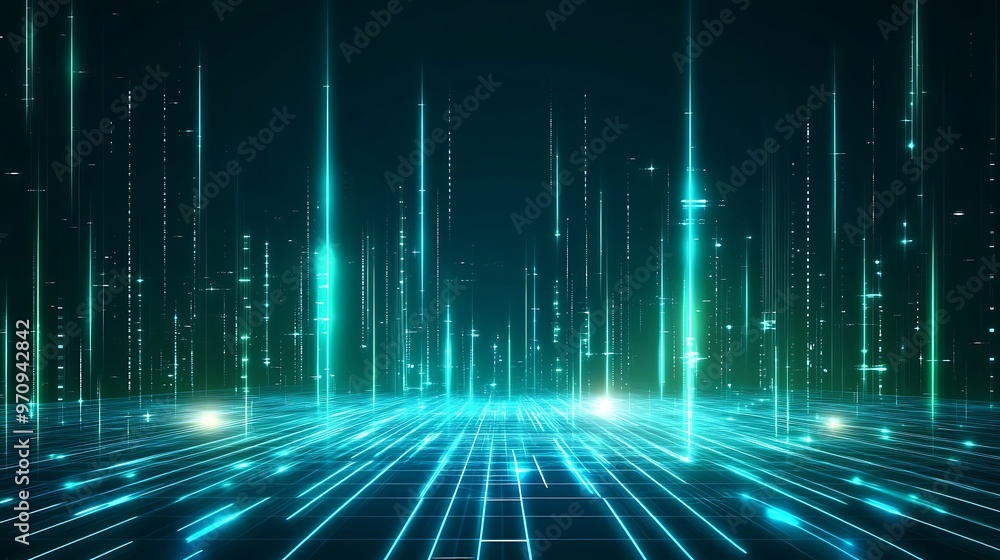 Poster futuristic digital landscape with glowing lines and particles, representing advanced technology and 