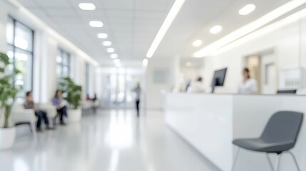 Medical clinic blur background healthcare hospital service center in OPD - outpatient department blurry interior white waiting lobby room with patients  doctors nurse staff station counter area