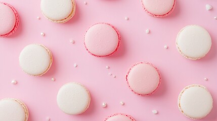 Fototapeta premium Mockup with cake macaron or macaroon on pink pastel background top view. Flat lay composition.