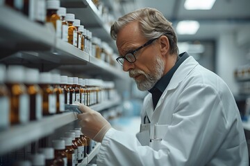 Senior Pharmacist Reviewing Medication Inventory in Modern Laboratory for Healthcare Research