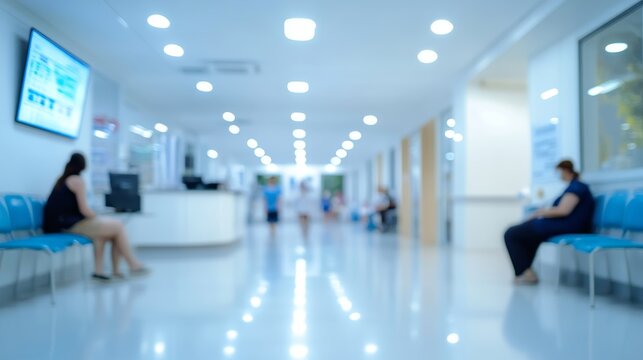 Medical clinic blur background healthcare hospital service center in OPD - outpatient department blurry interior white waiting lobby room with patients  doctors nurse staff station counter area