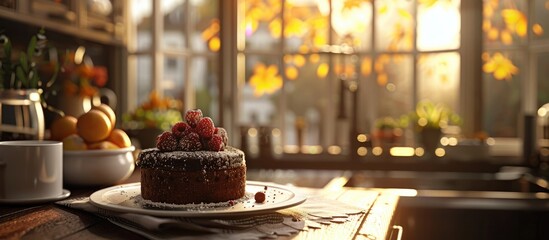 Naklejka premium Decadent and moist chocolate cake topped with fresh juicy berries sits on a wooden table framed by the warm light streaming through an autumn window