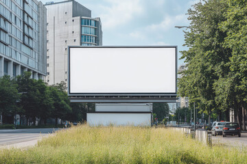 Large blank billboard in an open park area surrounded by modern buildings, ideal for outdoor advertising and promotional displays. Created with AI.