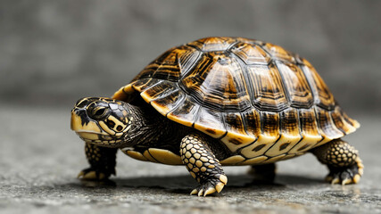 Fototapeta premium Turtle closeup of shell pattern and small head with plain background