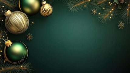 Holiday Banner with Green Background and Artistic Golden Christmas Balls