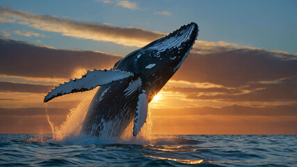 Fototapeta premium Whale closeup breaching in the ocean with a sunset sky behind