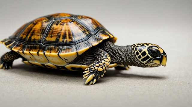 Turtle closeup of shell pattern and small head with plain background